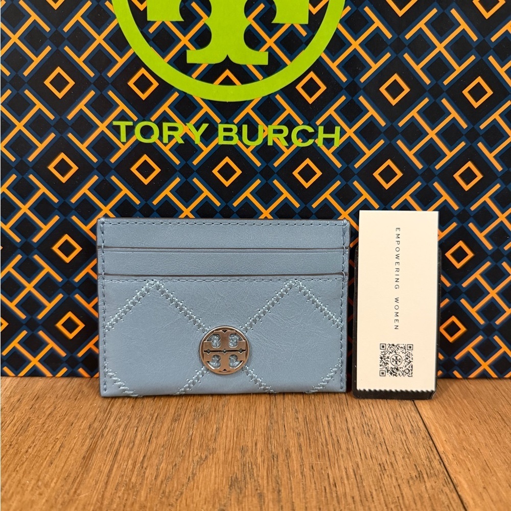 Tory Burch Willa Shine Slim Card Case Paradiso Silver Light Blue